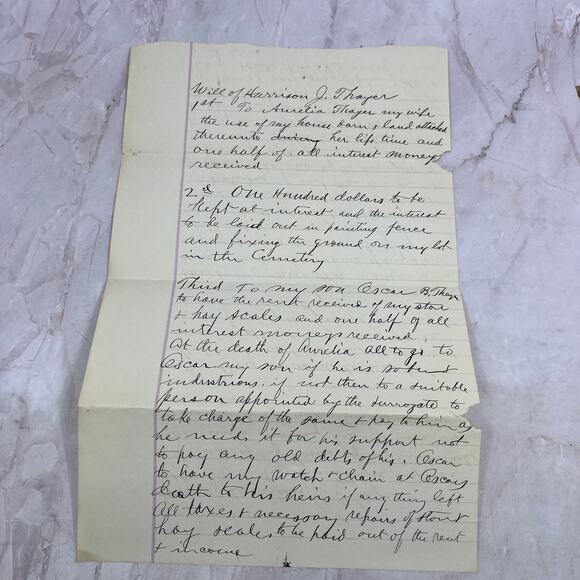 None Other - c1900 Handwritten Will of Harrison J. Thayer - Aurelia Thayer Oscar Thayer D22